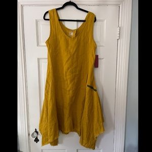 🏷 NWT Yuvita Linen yellow handkerchief hem dress with pocket, size L
